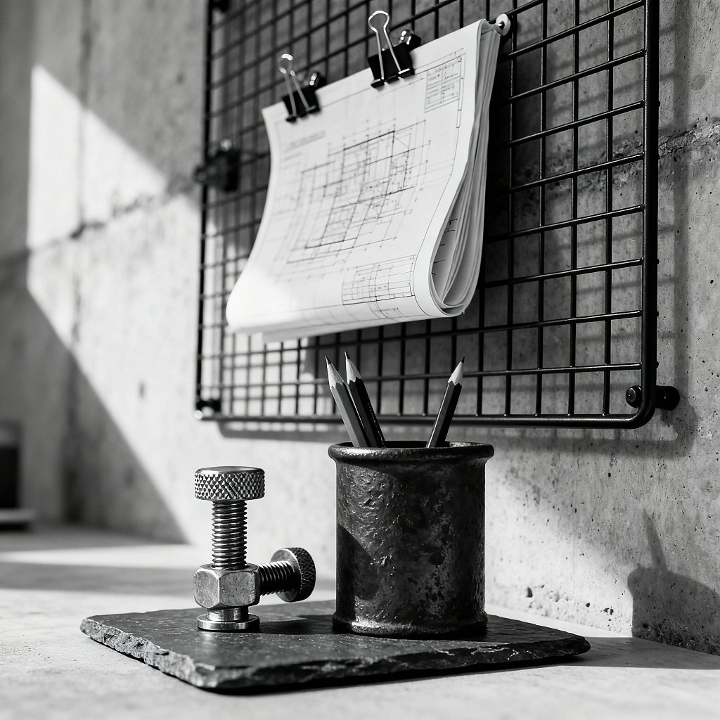 On a concrete wall, a black metal grid panel holds rolled architectural drawings with binder clips, while a slate pad on the desk supports a patinated iron pencil cup and a heavy steel bolt used as a paperweight. Strong side light casts sharp shadows across rough concrete surfaces, highlighting the utilitarian materials, monochrome palette, and the minimal, workshop-like arrangement typical of an industrial-style home office workspace.