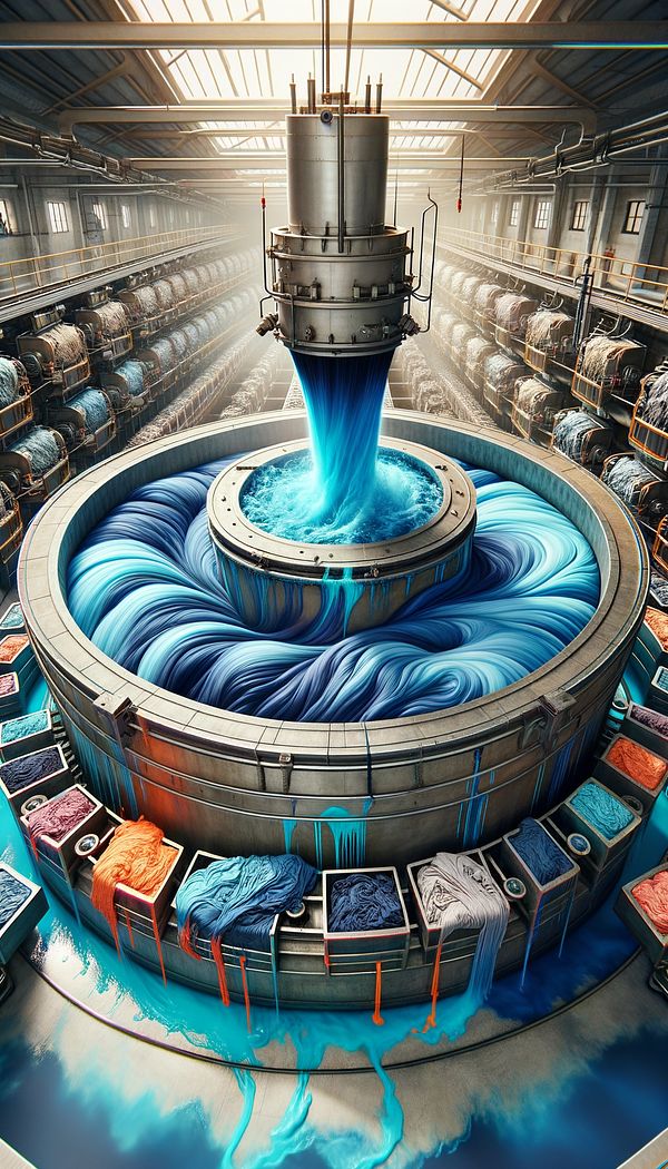 An image of a large industrial rotating drum filled with vibrant blue dye and leather hides being tumbled inside.