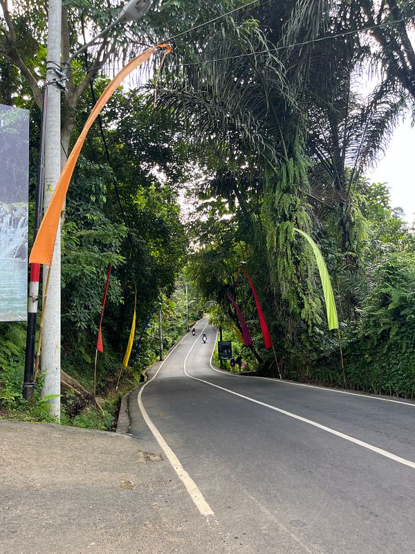 A scenic road in Ubud, lined with colorful flags and surrounded by lush greenery.