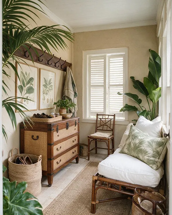 A narrow tropical front porch with beige plaster walls, white trim, and shuttered windows. The space includes a woven-front wooden chest, a bamboo chair, a cushioned rattan bench, framed botanical art, and large leafy potted plants, creating a relaxed, airy entryway.