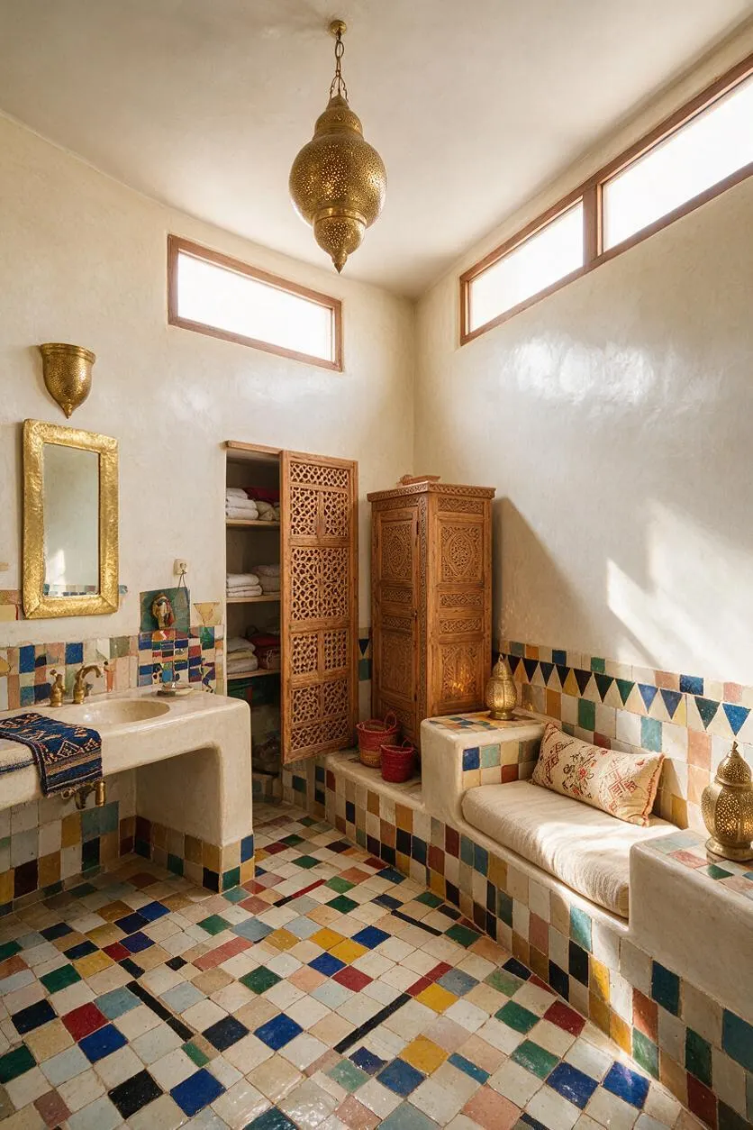 A Moroccan-style master bathroom with cream plaster walls, colorful geometric floor and wall tiles, a carved wooden cabinet, and a built-in stone sink. Brass lanterns hang overhead and a gold-framed mirror adds warmth, while a cushioned bench and patterned textiles soften the space.
