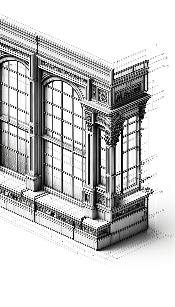 An architectural drawing of a window section showing a detailed view of a mullion separating two panes of glass.