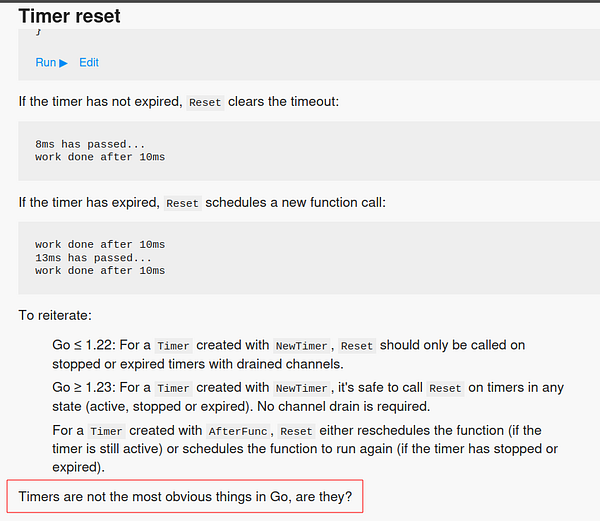 The image displays a technical explanation about timer behavior in the Go programming language.