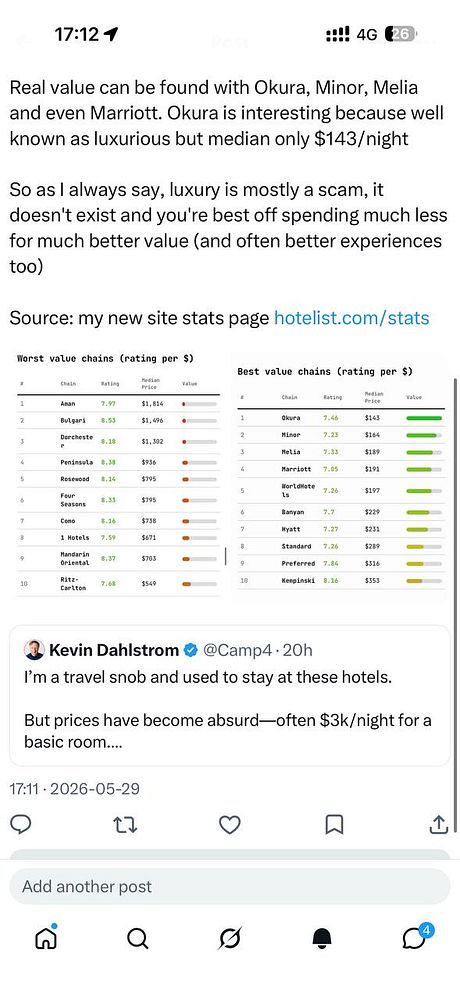 Screenshot of a tweet discussing the mathematical scam of luxury hotels with a cartoon illustration of a hotel and a person.