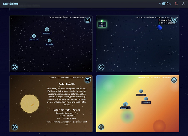 The image displays a user interface for the 'Star Sailors' application, showcasing various astronomical anomalies across different sectors.