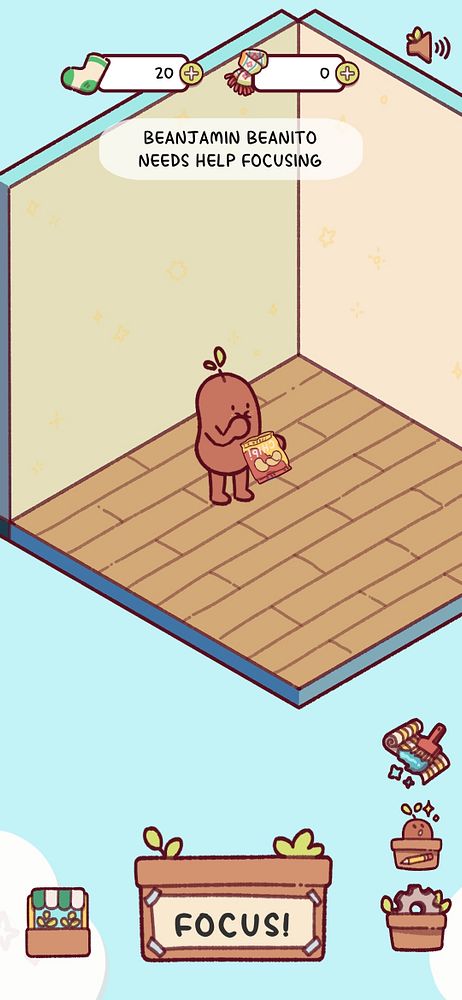 A cartoon character named Beanjamin Beanito is depicted in a minimalistic room, expressing a need for focus.