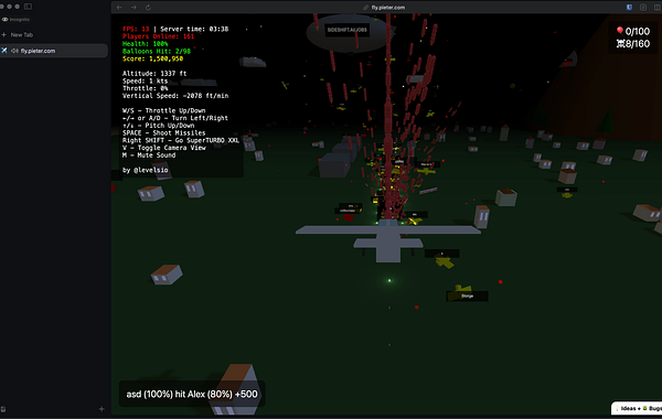 The image depicts a gameplay interface of an MMO game featuring an aircraft amidst a chaotic scene with explosions and various objects on the ground.