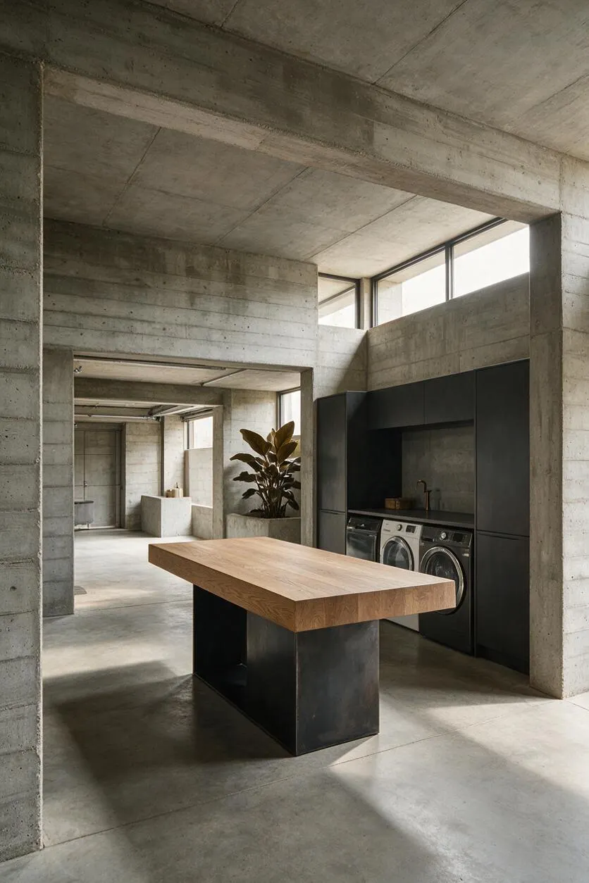 A spacious laundry room with exposed concrete walls, ceiling, and beams, centered around a thick wood-topped island with a dark base. Matte black cabinetry houses a washer and dryer, while high clerestory windows bring in soft natural light and a potted plant adds a touch of warmth.