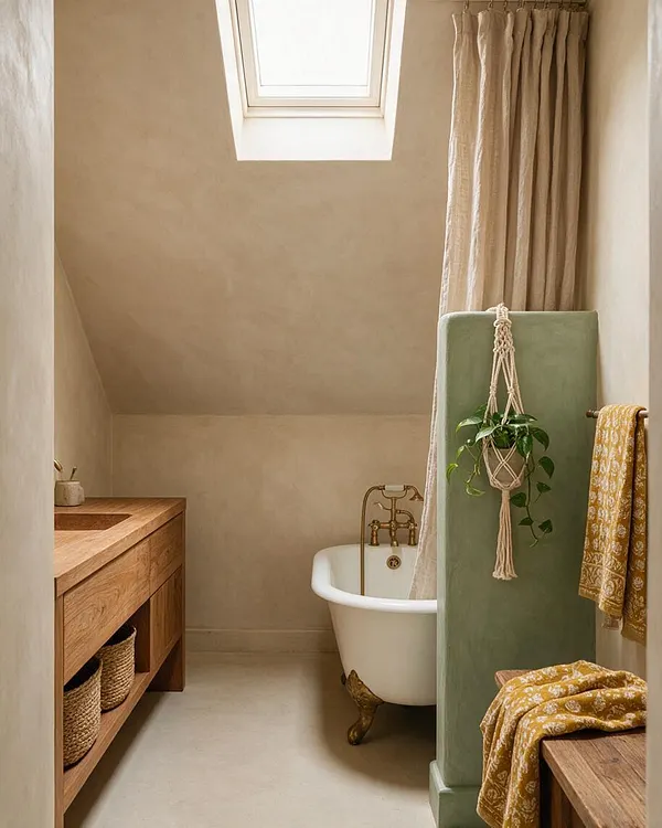 A cozy master bathroom with a skylight, plaster-like beige walls, a freestanding white tub with brass feet and fixtures, and a wooden vanity with woven storage baskets. A sage green partition holds a hanging macramé plant, while beige curtains and mustard patterned textiles add bohemian warmth.
