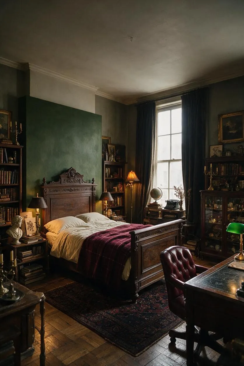 A moody bedroom with a carved dark wood bed centered against deep green walls, flanked by bookshelves, lamps, and vintage decor. A tall window with dark curtains brings in soft daylight, while a desk, leather chair, and patterned rug complete the scholarly Dark Academia atmosphere.