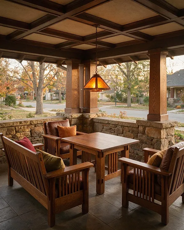 A covered Craftsman front porch with thick wood posts, a coffered ceiling, and a hanging amber pendant light. The seating area includes wooden armchairs, a bench, and a square table, all set against low stone half-walls with a residential street and autumn trees beyond.