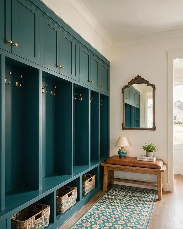 A mudroom with tall teal built-in cubbies and upper cabinets lined with brass hooks and knobs. A rustic wood bench with a brown leather cushion sits beside an ornate vintage mirror, a small lamp, and a potted plant, with woven storage baskets below and a patterned tile-style runner on the floor.