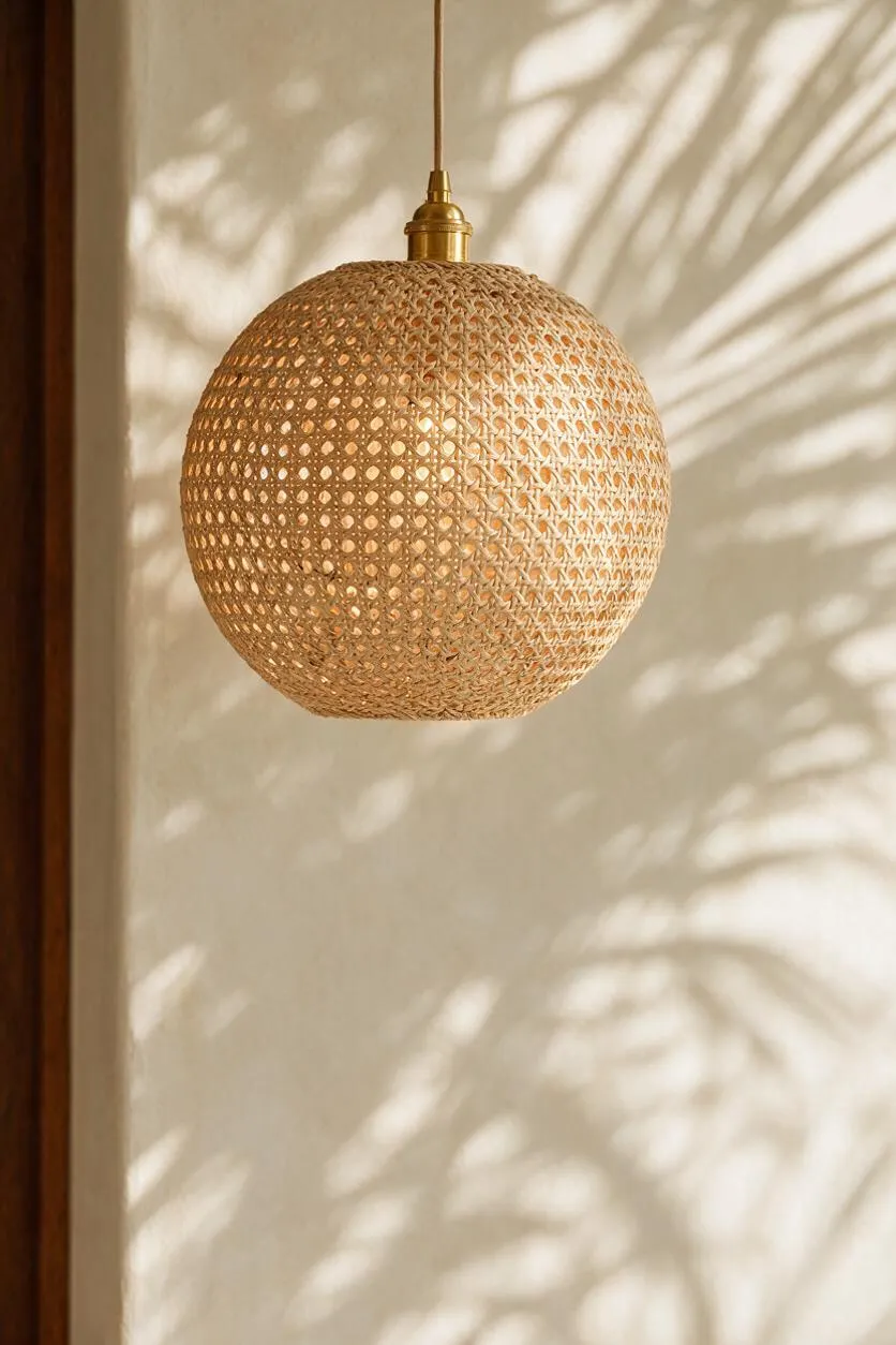 A spherical woven pendant light hangs from the ceiling on a brass stem, with a tight natural fiber weave that lets light glow through. Soft leaf shadows dance across a warm cream wall, creating a relaxed tropical atmosphere.