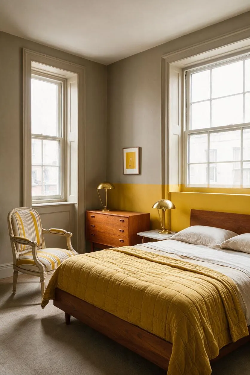A cozy guest bedroom with tall windows, taupe walls, and a mustard-yellow painted band running behind the bed. The room includes a wooden bed with white bedding, a mustard quilt, a striped armchair, a mid-century dresser, and brass table lamps, creating a warm eclectic look.