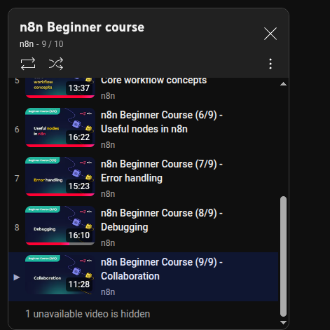 A video playlist for the n8n Beginner Course is displayed.