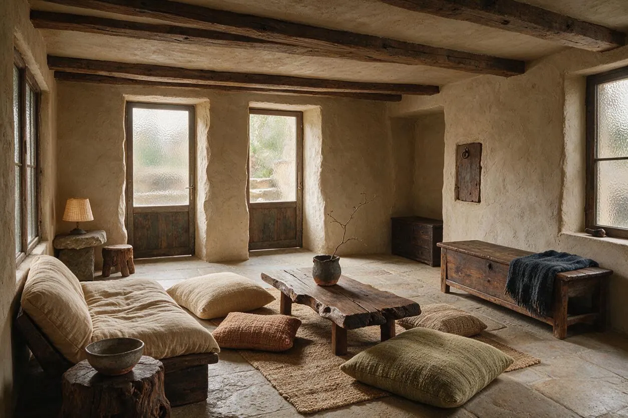 A serene basement room with rough plaster walls, exposed dark wood ceiling beams, and stone flooring. Low wooden furniture, floor cushions, a rustic coffee table, and muted linen textiles create a warm, grounded Wabi-Sabi atmosphere.