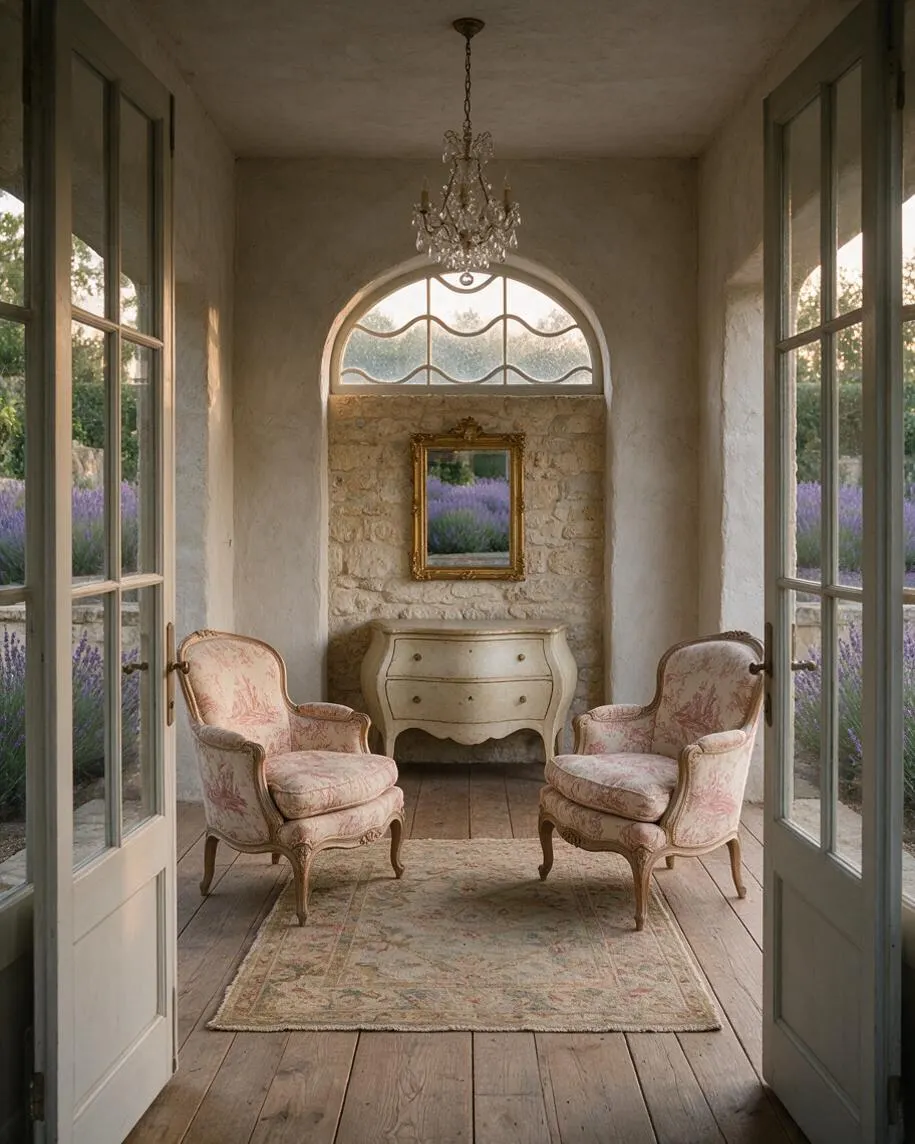 A narrow French Country style backyard sitting area with open glass doors, a crystal chandelier, two upholstered armchairs, a small curved dresser, and a gilded mirror on a stone wall. Natural light filters in from arched and side windows, with lavender visible outside and a worn patterned rug on wide wooden floorboards.