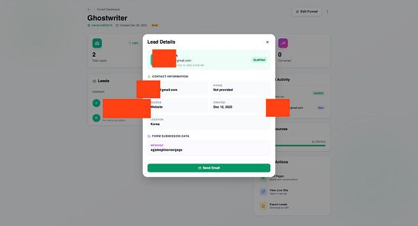 The image displays a leads dashboard interface with detailed information about a specific lead.