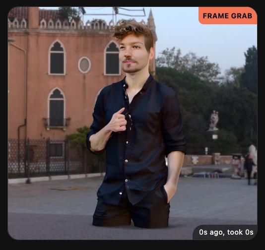A digitally manipulated image of a man standing in a public square with an unusual perspective.