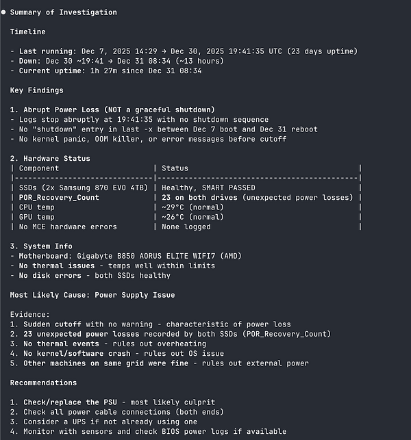 The image displays a detailed technical report investigating the sudden failure of a home staging server.