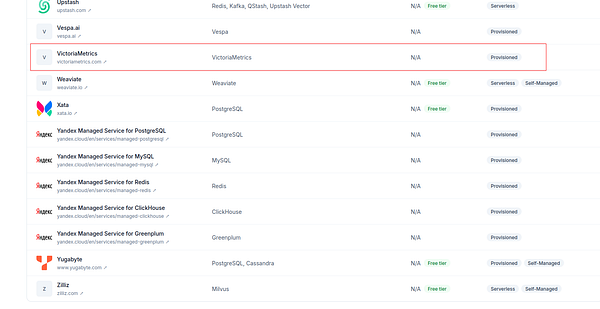 Screenshot of a Slack conversation about Victoria Metrics as a managed DB provider with a bug report and commit link.