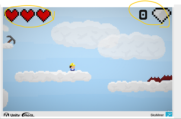 The image displays a pixelated game interface featuring a character on clouds with UI elements indicating health and resources.