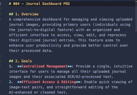 The image displays a document outlining the PRD for a Journal Dashboard.
