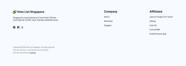 The image displays the footer section of the Keto List Singapore website.
