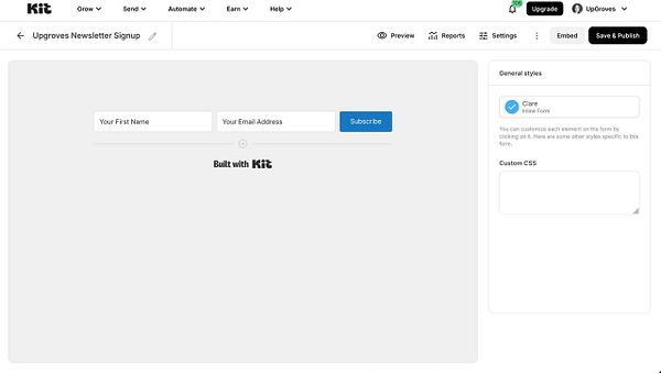 Screenshot of Kit app's Explore page showing option to create a newsletter sign-up form.