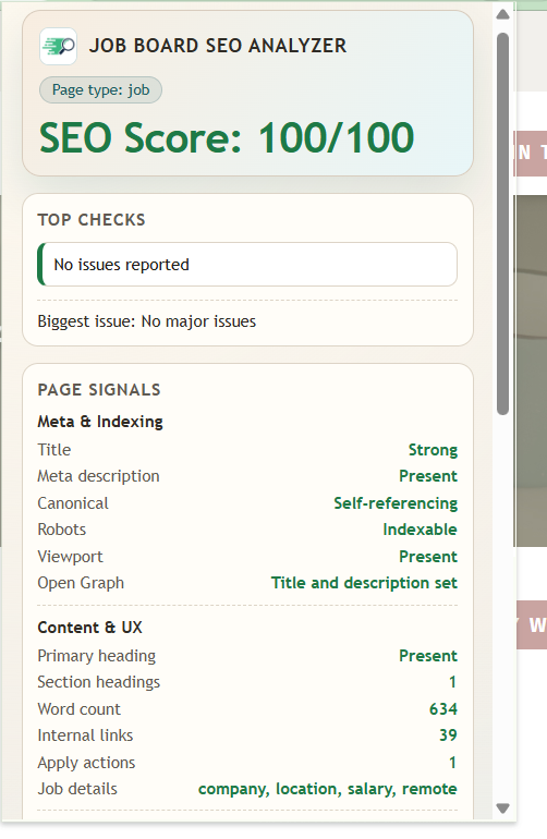 Screenshot of a Google Chrome Extension interface displaying a job search result from a job board with keywords and filters.