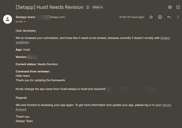 An email notification from Setapp regarding a revision needed for the app Hustl.