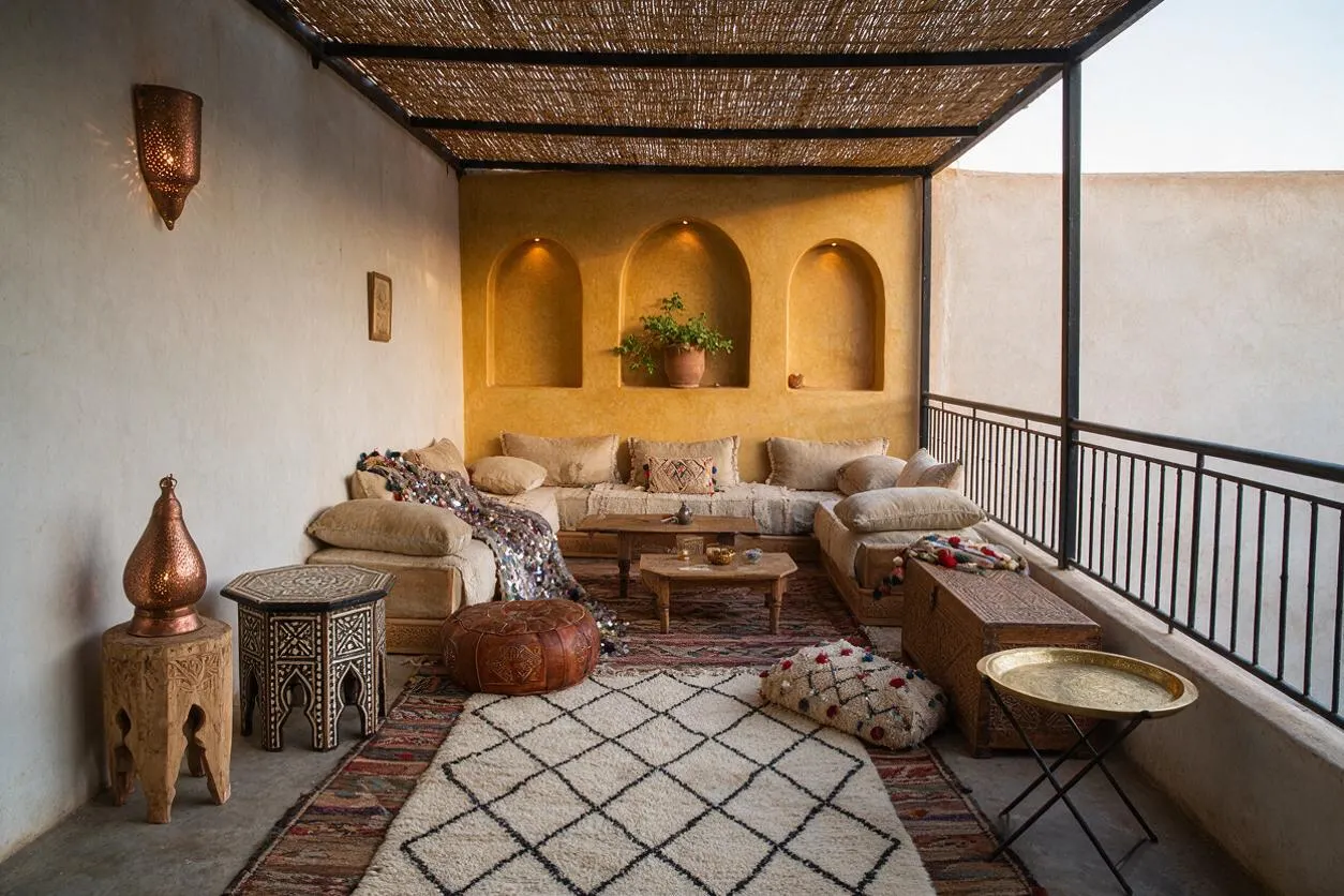 A covered front porch styled as a Moroccan-inspired lounge with low beige sectional seating, layered patterned rugs, carved side tables, and brass-toned decor. Built-in arched wall niches and a woven reed ceiling add texture, while white plaster walls and black metal railings frame the cozy outdoor space.