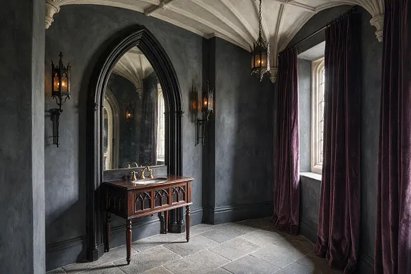 A dramatic Gothic powder room with dark plaster walls, a pointed arched black mirror, and a carved wooden vanity with brass faucet fixtures. Stone flooring, vaulted ceiling details, wall sconces, and deep plum curtains frame a tall window, creating a moody historic atmosphere.