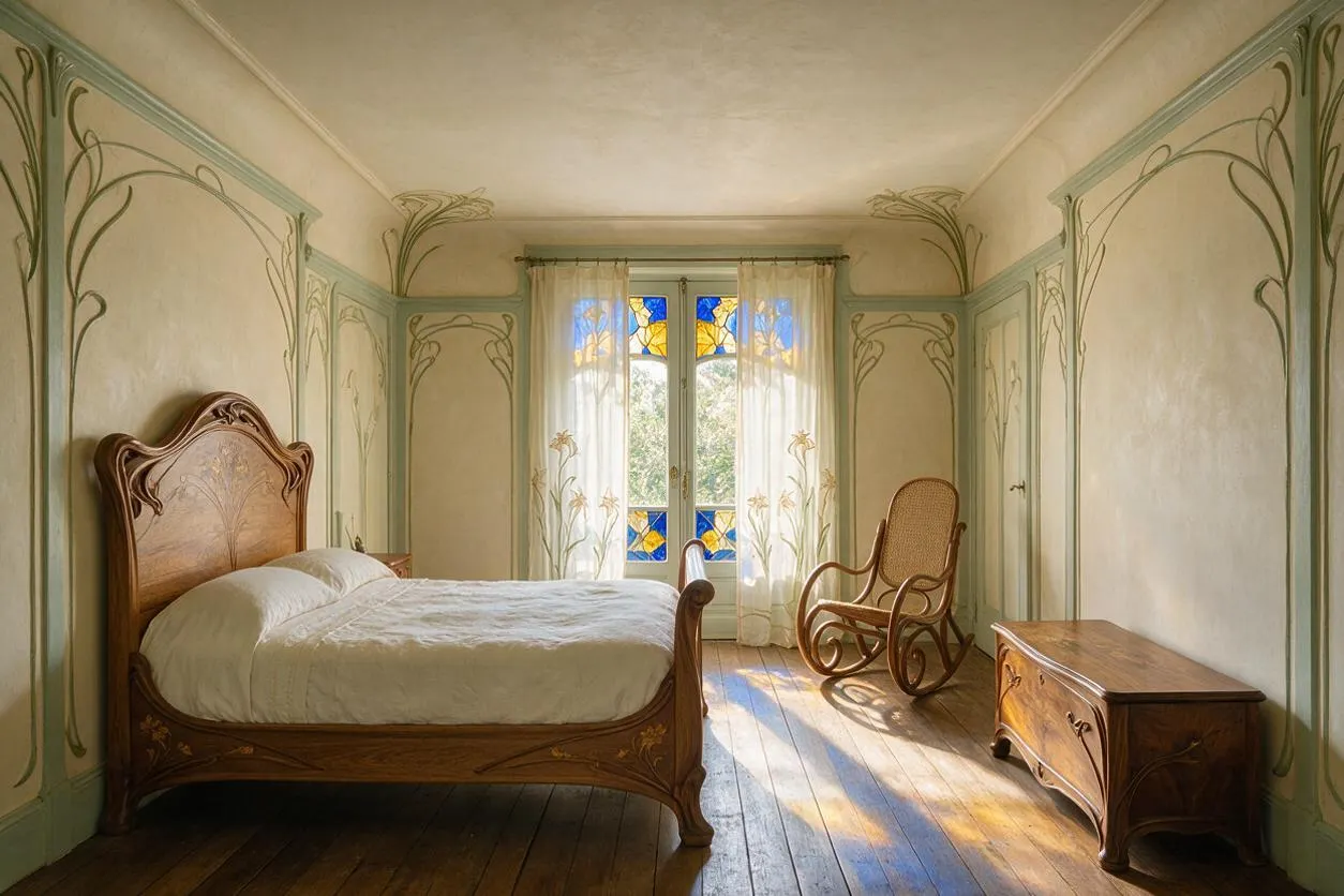 A serene guest bedroom in Art Nouveau style with a carved wooden bed, soft white bedding, pale green decorative wall panels, and a wicker rocking chair. Sunlight filters through a stained-glass window with blue and yellow accents, warming the worn wood floor and a matching wooden chest.