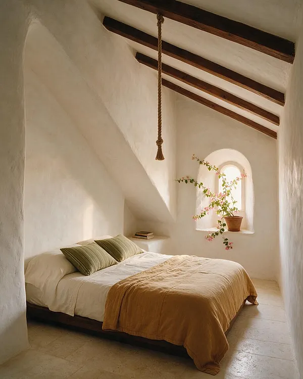 A serene Mediterranean-style bedroom with white plaster walls, exposed dark wood ceiling beams, and a low bed dressed in white bedding with green striped pillows and a mustard throw. An arched niche window holds a terracotta pot with flowering greenery, adding a soft natural accent to the warm, minimal space.
