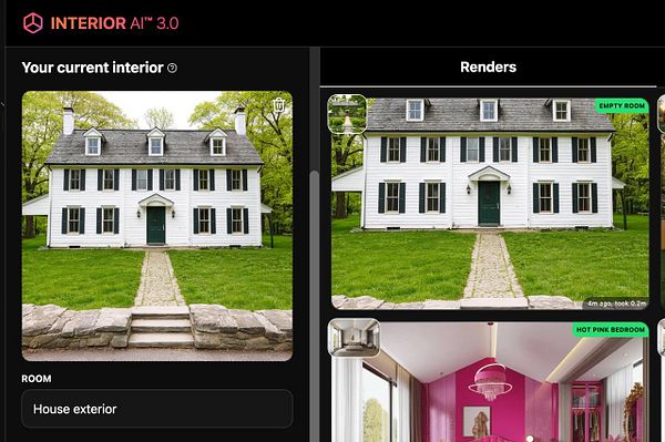 The image displays a user interface for an interior design application featuring a house exterior and various render options.