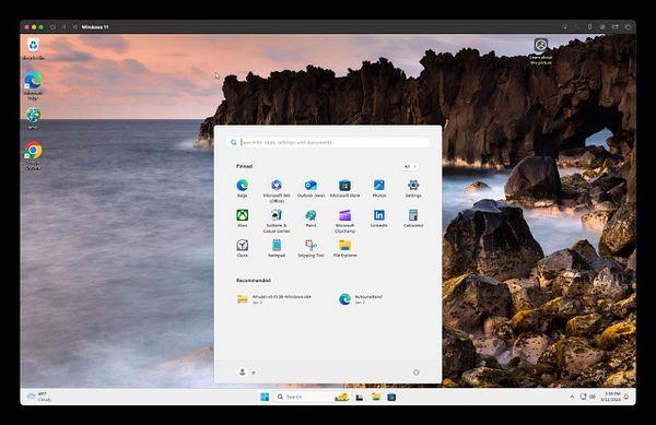 The image displays a Windows 11 emulator interface with a scenic background.