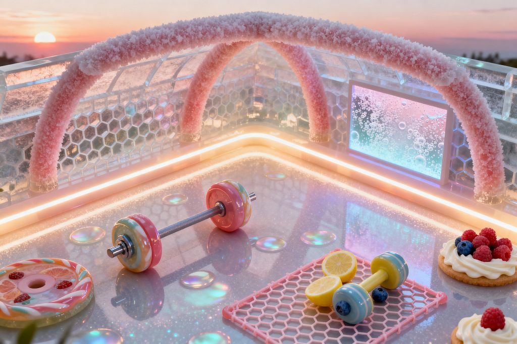 A pastel home gym corner styled like Candy Land features iridescent resin flooring with bubble-like discs, honeycomb acrylic walls, and two arched supports coated in pink crystal-like texture. A chrome barbell with candy-swirled plates rests nearby, while a small yellow-and-blue dumbbell sits on a pink hex mat beside sliced lemon and blueberries. Warm LED strips highlight the base, a dewy window shows fizzing moisture, and a vivid sunset glows outside.