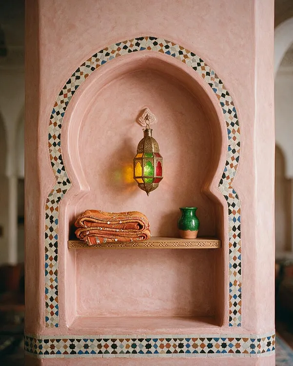 A Moroccan-style wall niche finished in soft pink plaster, framed by a multicolored mosaic arch and base border. Inside the alcove are a hanging brass lantern, folded patterned textiles on a carved shelf, and a small green ceramic vessel.