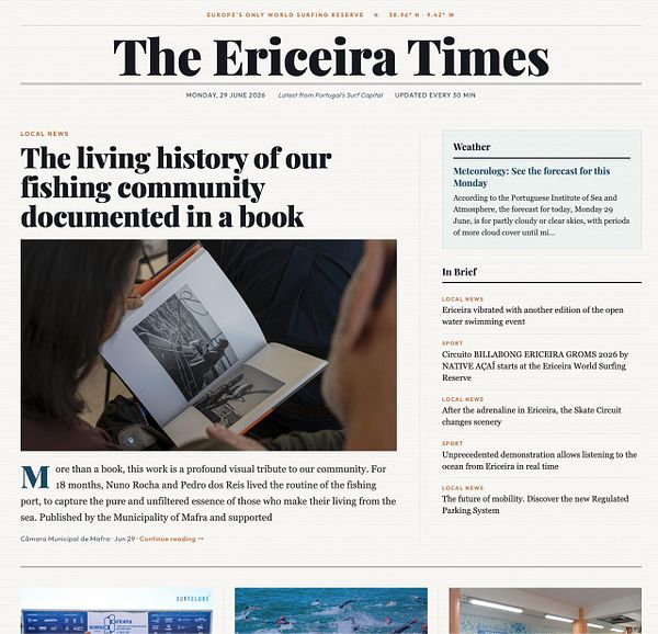 Screenshot of the Ericeira Times homepage highlighting news articles and website navigation.