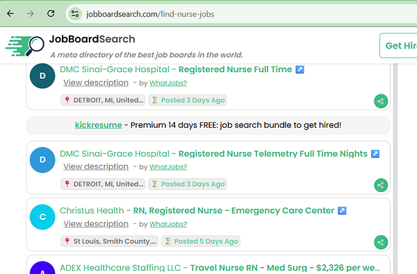 The image displays a job search interface for nursing positions on JobBoardSearch.