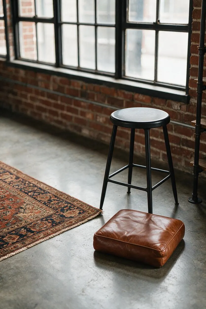 An industrial loft vignette with exposed red brick walls, large black-framed windows, and a gray concrete floor. A black metal stool stands beside a brown leather floor cushion and the edge of a patterned vintage rug.