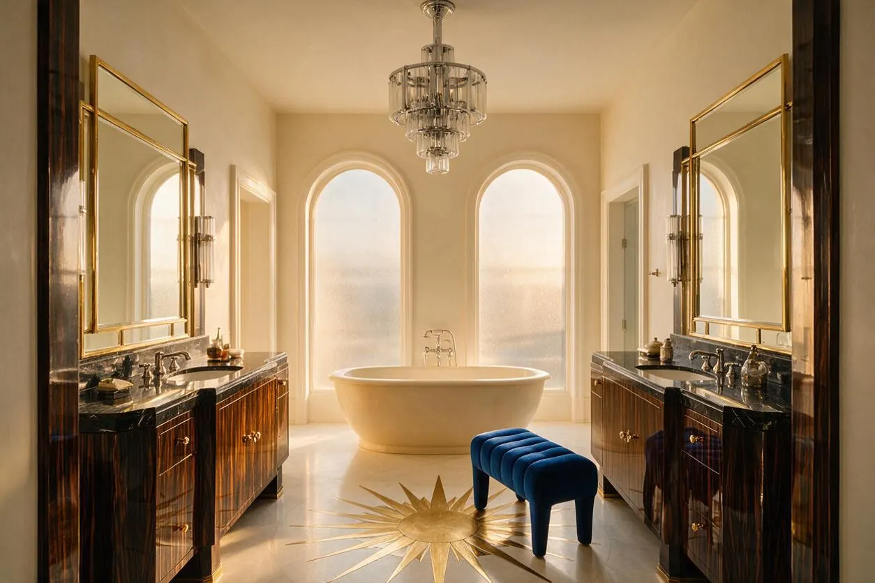 A luxurious master bathroom with two dark wood vanities topped in black stone, large gold-framed mirrors, and a freestanding oval tub centered between three arched windows. A crystal chandelier hangs above, and a blue velvet bench sits on a floor with a gold sunburst inlay, creating a refined Art Deco look.