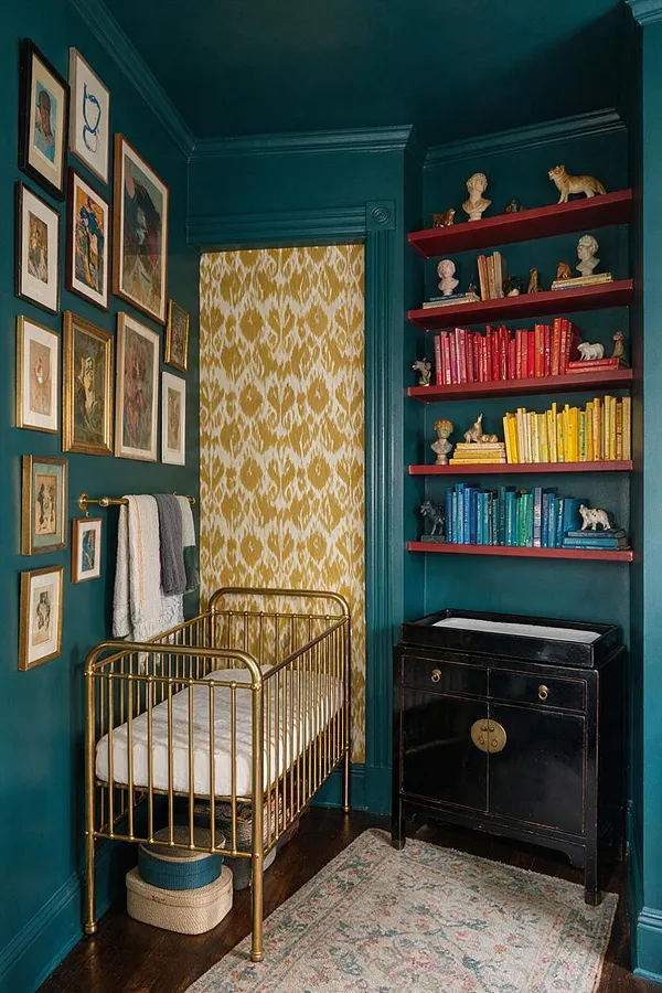 A small nursery painted in deep teal with a brass crib centered under a mustard-and-cream patterned wallpaper panel. The walls are layered with framed artwork, red floating shelves hold colorful books and small sculptures, and a black cabinet with brass hardware sits beside a soft vintage rug.