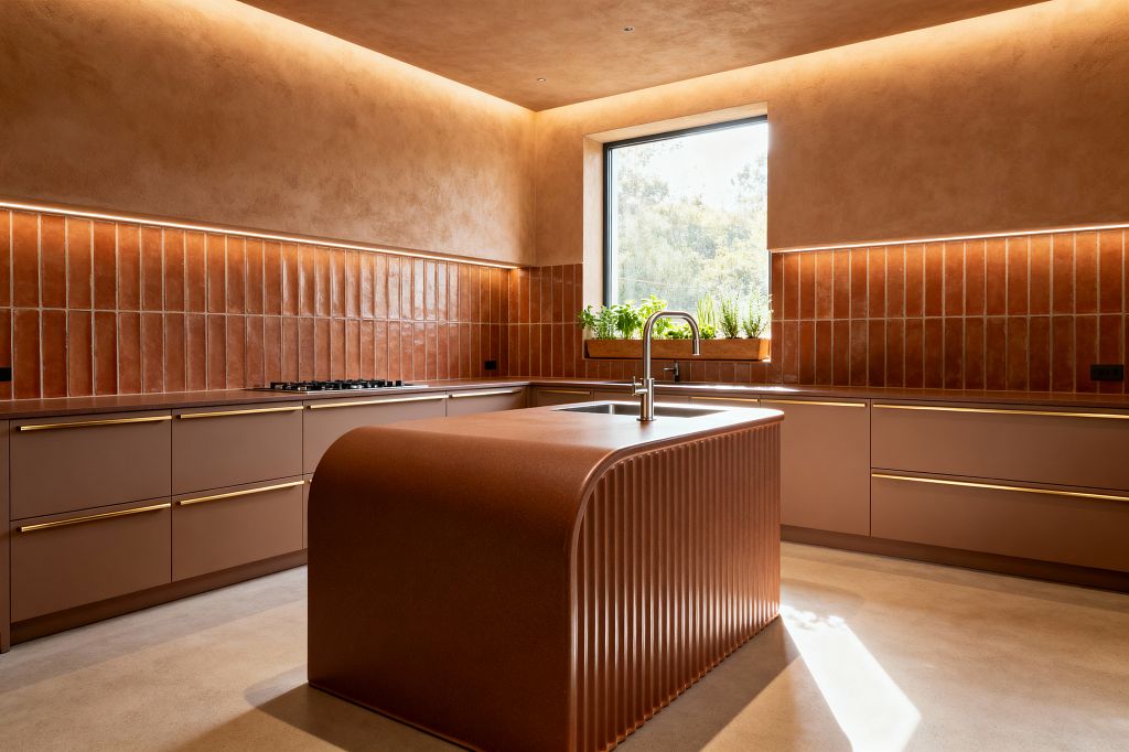 A modern U-shaped kitchen in warm terracotta hues features a sculptural island with ribbed cladding and a curved end, integrating a stainless steel sink and faucet. Flat-panel clay-mauve cabinets with brushed brass pulls sit beneath vertical glazed terracotta tile backsplashes accented by continuous LED strips. A black gas cooktop is set on the left run, while a large window with a herb planter, polished concrete floors, and cove ceiling lighting complete the space.