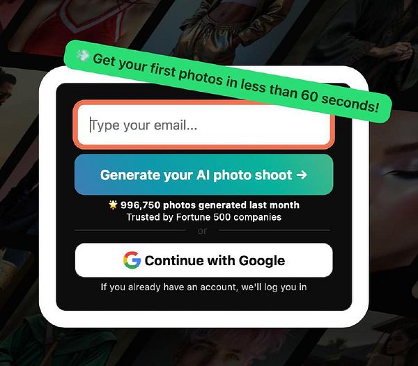 The image displays a sign-up interface for an AI photo generation service.