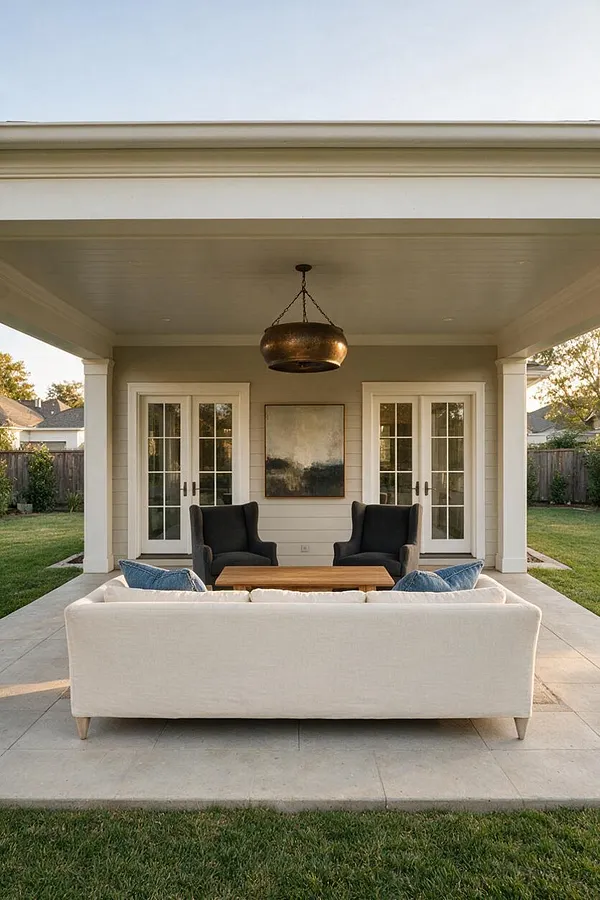 A covered backyard patio with a cream outdoor sofa, two dark armchairs, and a wood coffee table arranged on a light stone floor. French doors, a large abstract painting, and a bronze pendant light create a refined transitional style under a white ceiling.
