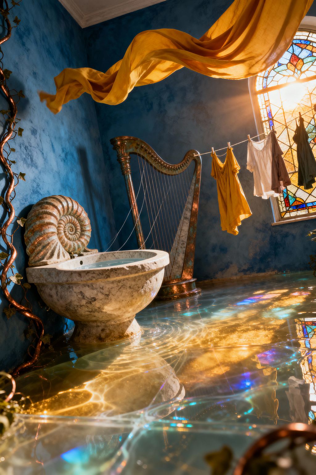 A surreal laundry room features a marble basin carved like a nautilus shell beside a patinated copper harp used as a clothesline holding yellow, white, and brown garments. Sunlight streams through a stained-glass window, scattering amber and rainbow reflections across a shallow water-covered floor, while a saffron fabric ribbon floats overhead against deep blue textured walls and a curling copper vine.
