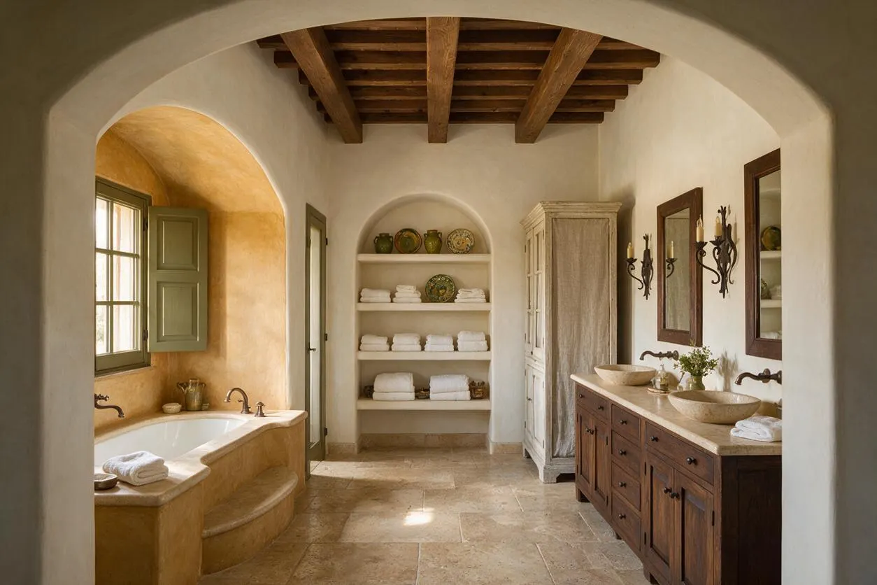 A spacious Mediterranean-style master bathroom with white stucco arches, exposed dark wood ceiling beams, and a warm stone tile floor. The room includes a curved built-in bathtub under a window with green shutters, a dark wood double vanity with vessel sinks, wall sconces, open towel shelves, and a tall distressed cabinet.