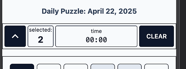 The image displays a user interface for a daily puzzle game with timer and selection options.